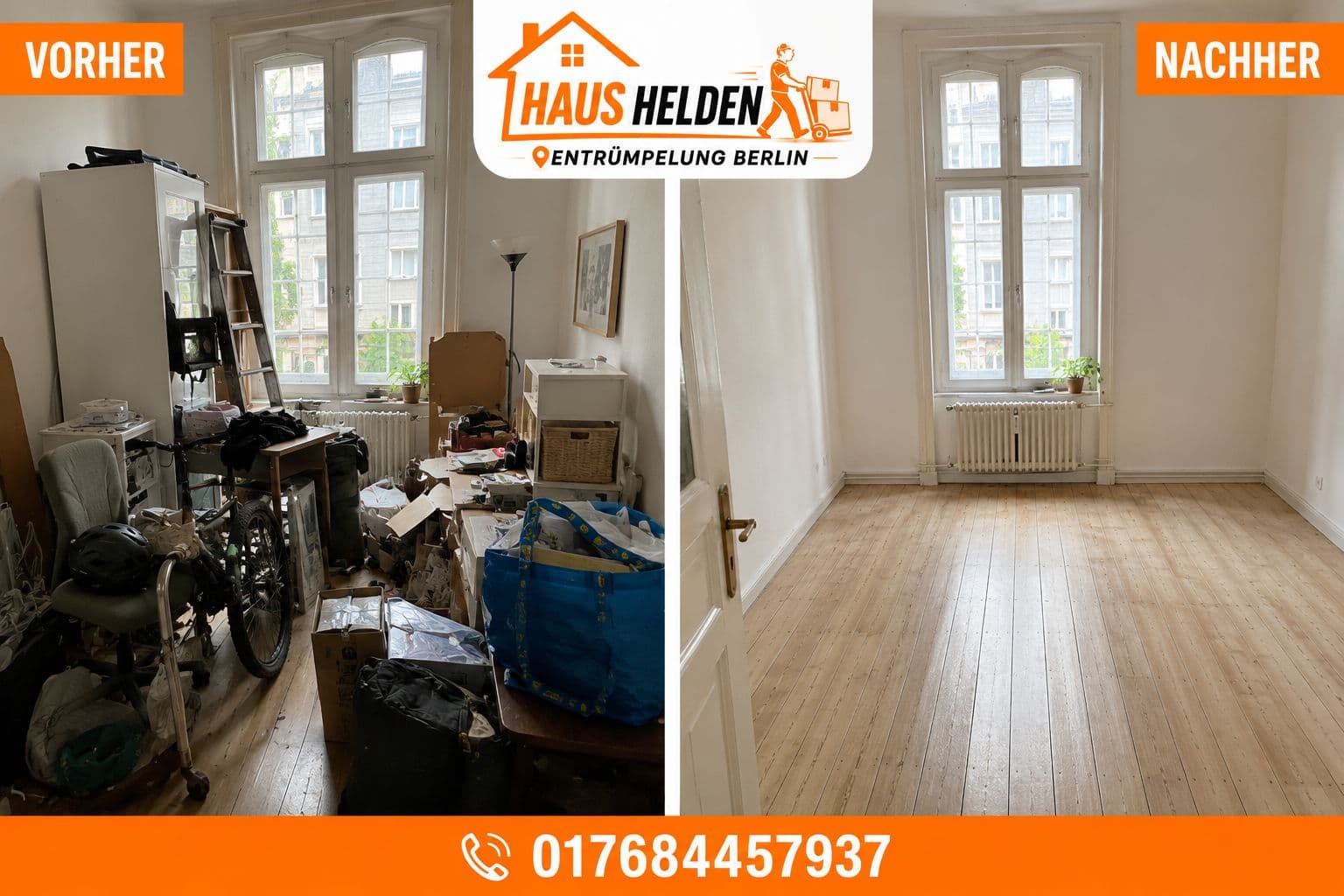 Entrümpelung durch Haus Helden – Vorher und Nachher: Wohnzimmer, Altbau
